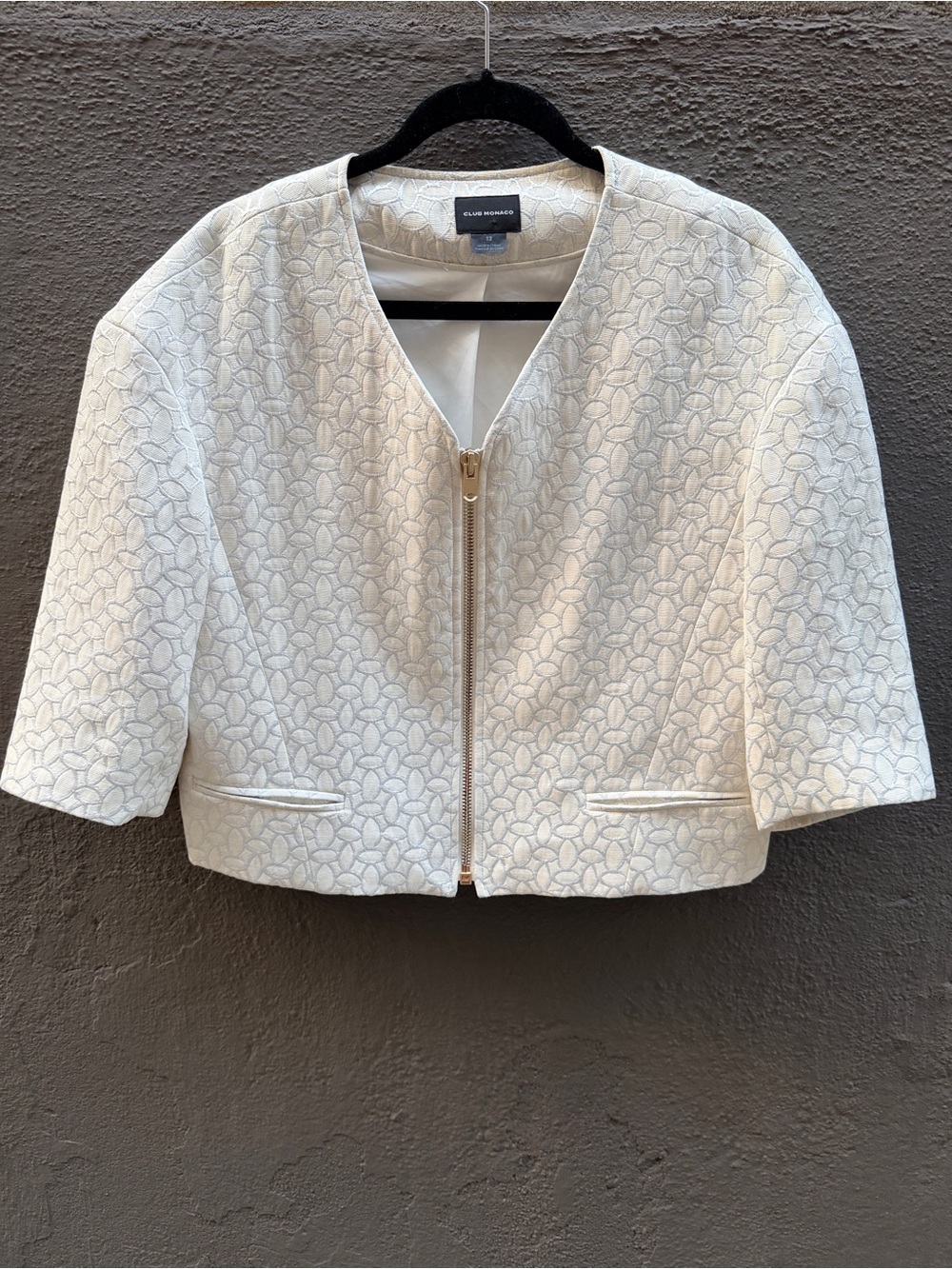 Club Monaco Ivory Textured Metallic Cropped Zip Blazer